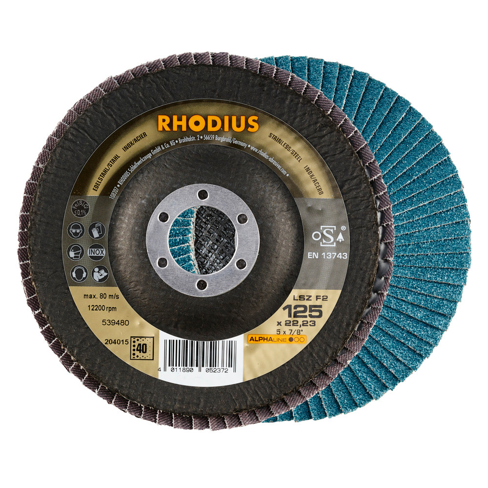 Ламелен диск за шлайфане RHODIUS на неръждаема стомана 125 мм, 22.23 мм, P60, конусен, LSZ F2 / 204018